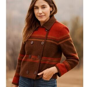 Talbots Petites SZ PS 100% Wool Brown Red Color Blocked Cropped Button Up Blazer